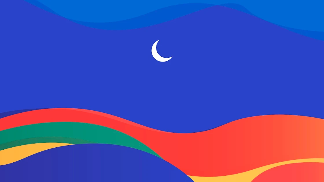 Minimalist wallpaper featuring a crescent moon in a starry night sky above vibrant, undulating waves in bold colors.

