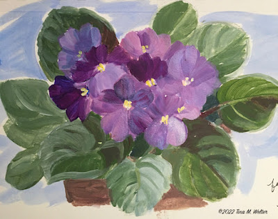 Sketch in acrylic paint of purple African violets ©2022 Tina M.Welter