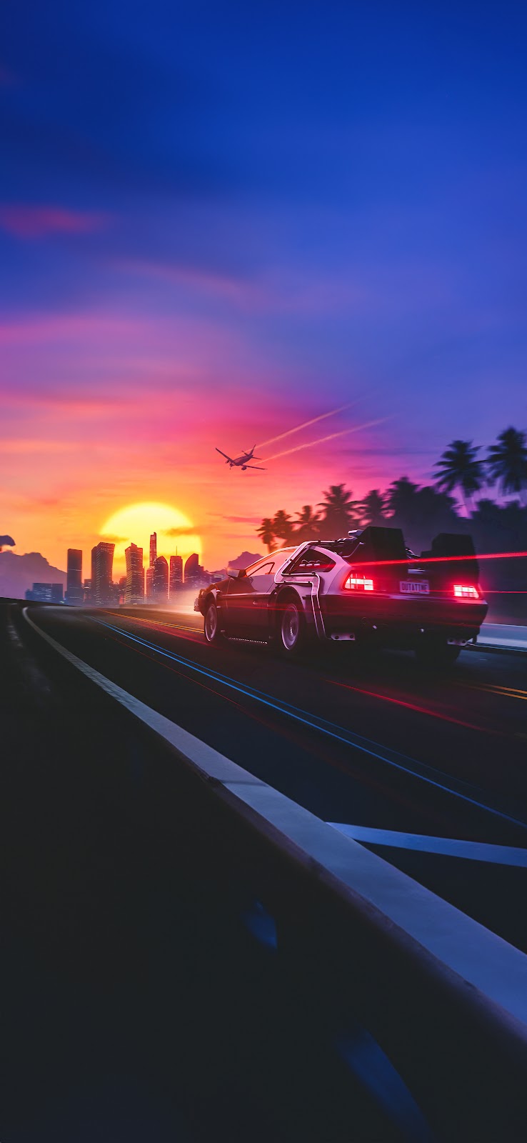 A DeLorean driving on a highway at sunset with a futuristic city in the background.
