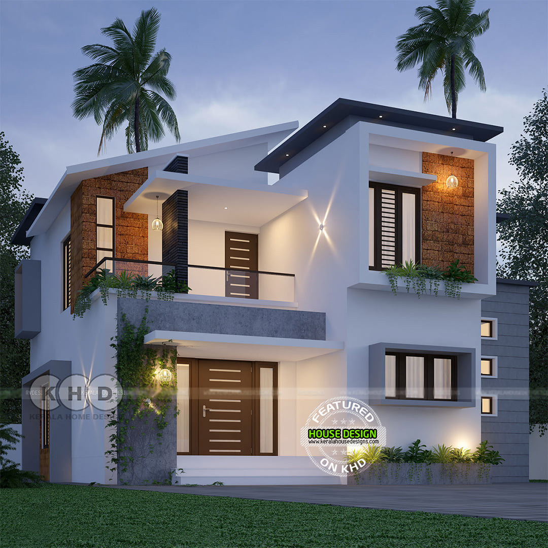 Modern house with slanting roof in Kerala