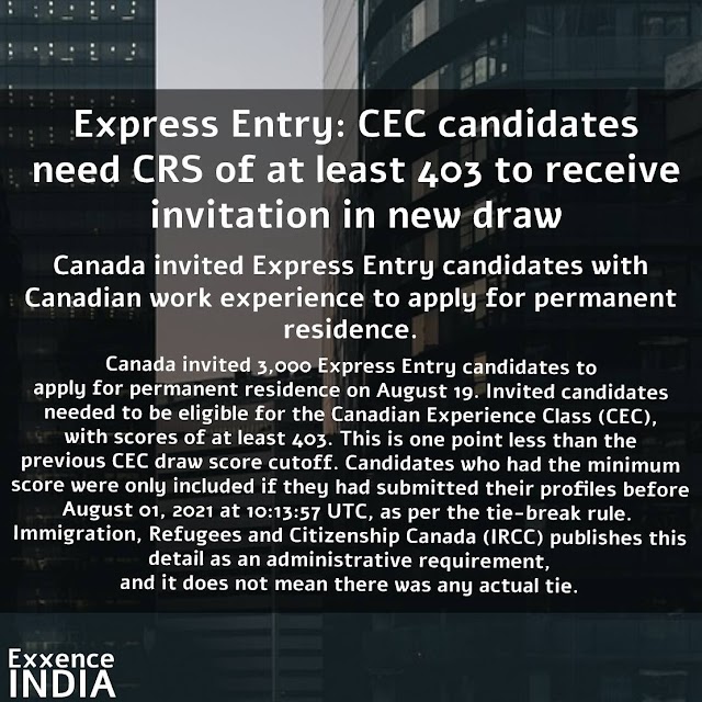 Exxence india:CEC candidates need CRS of at least 403 to receive invitation in new draw.