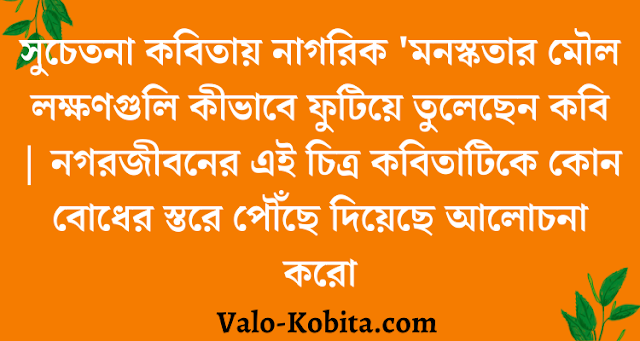 সুচেতনা কবিতায় নাগরিক 'মনস্কতার মৌল লক্ষণগুলি কীভাবে ফুটিয়ে তুলেছেন কবি | নগরজীবনের এই চিত্র কবিতাটিকে কোন বোধের স্তরে পৌঁছে দিয়েছে আলোচনা করো