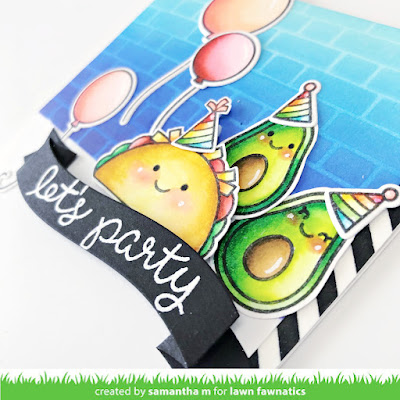 Let's Party Card by Samantha Mann for Lawn Fawnatics Challenge, Birthday Card, Cards, Lawn Fawn, Distress Inks, Ink Blending, Tacos, Avacado, #lawnfawnatics #lawnfawn #distressinks #inkblending #birthday #cards #cardmaking