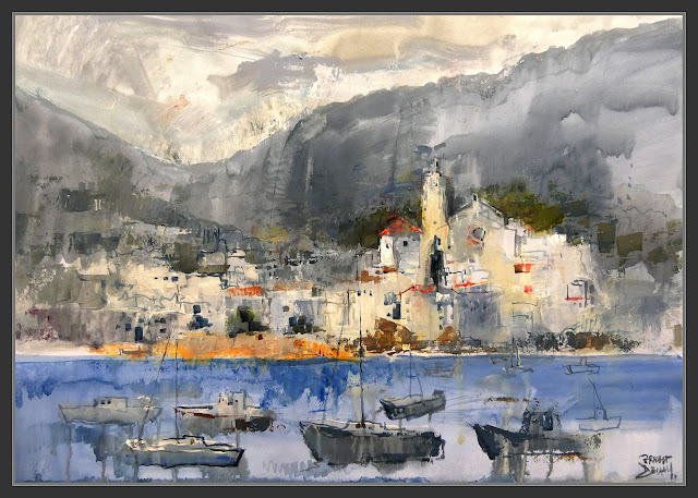 CADAQUES-PINTURA-ARTE-PANORAMICAS-BARCAS-MAR-LUZ-TARDE-PAISAJES-COSTA BRAVA-PINTOR-ERNEST DESCALS