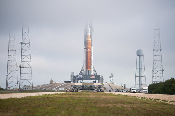 On a foggy morning, NASA's Space Launch System rocket stands tall on the pad at Kennedy Space Center's Launch Complex 39B...on March 18, 2022.