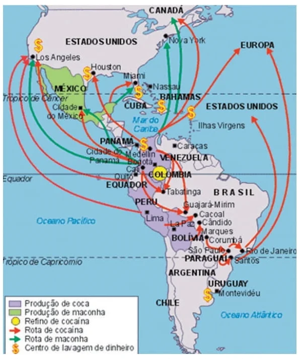 Nos anos 70, a queda dos preços internacionais dos bens agrícolas tropicais estimulou a substituição dos cultivos tradicionais pela implantação de coca e de maconha. O Peru, a Bolívia, a Colômbia e o México tornaram-se grandes produtores de entorpecentes. O narcotráfico é uma importante fonte de renda e de trabalho para parte das populações desses países.