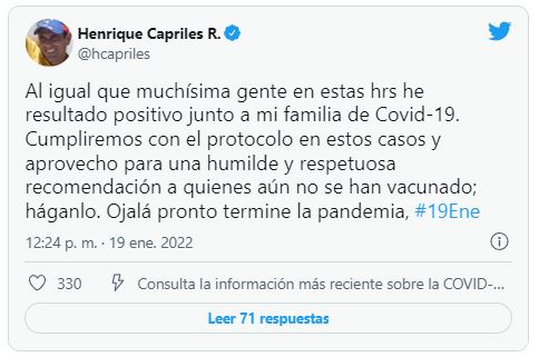 INCONSCIENTE | Henrique Capriles Radonski se contagió y se lo pegó a toda su familia