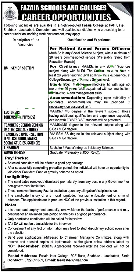 Latest Jobs in  Fazaia Inter College PAF Base Shahbaz Jacobabad 2021