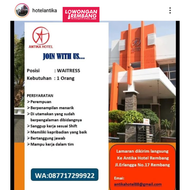 Lowongan Kerja Waitress Hotel Antika Rembang