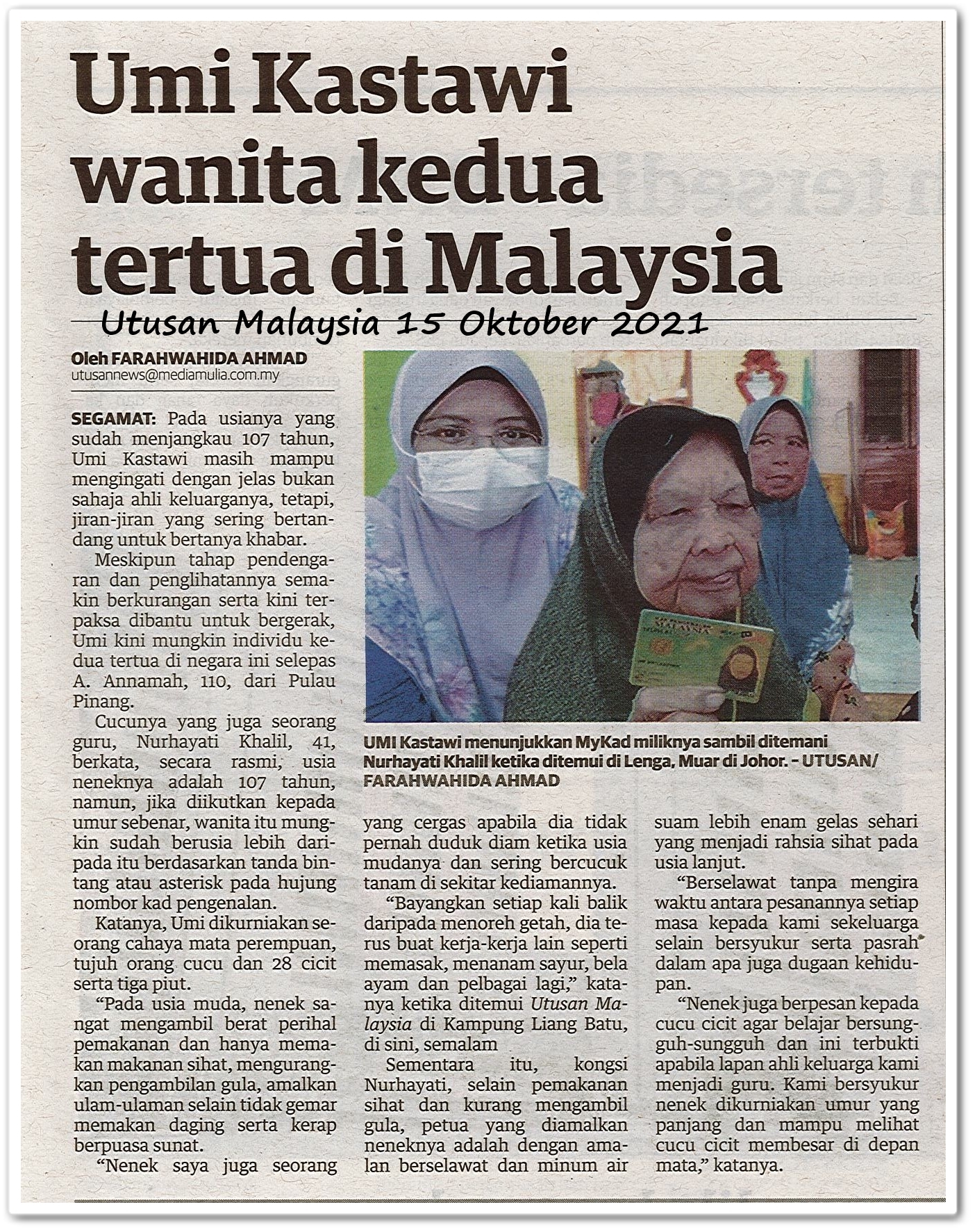 Umi Kastawi wanita kedua tertua di Malaysia - Keratan akhbar Utusan Malaysia 15 Oktober 2021