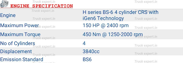 Ashok leyland Ecomet Star 1615HE Day Cabin - Engine Specification    Ashok leyland Ecomet Star 1615 HE comes with a maximum engine output power of 150 hp @ 2400 rpm & a maximum torque of 450N-m @ 1250-2000 rpm at the rear drive axle, this power is Produced from a 3840cc H series BS-6 4-cylinder CRS with iGen6 Technology engine. The engine is forward control & This vehicle comes under the N3 category.