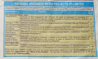 Safety & Civil Engineering Jobs: National Highways Infra Projects (P) Limited (NHIPPL), an entity under National Highways Infra Trust (NHAIInvIT), is looking to hire professionals ideally from Road Sector for the following positions to be based at Corporate Office, Delhi and various projects locations:  For more details, please check attached photo.