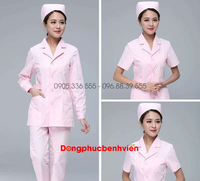 Quần áo y tá nữ màu hồng kèm mũ