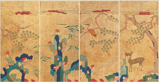 Sipjangsaengdo palgok jasu byeongpung, embroidered folding screens (Joseon Dynasty).
