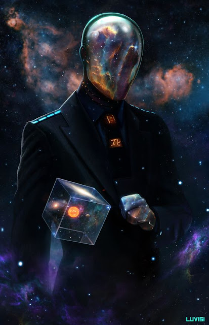 An image of a futurist person or robot with a mirrored helmet head that reflects colours, dressed in a black suit, with a tie with lit up symbols on and holding a see through box with three dimensional plants and galaxies in.  Created by Dan Luvisi