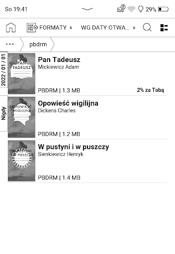PocketBook InkPad Lite – pobrane e-booki z Empik Go w formacie PBDRM odnajdziemy w bibliotece dzięki grupowaniu według formatów
