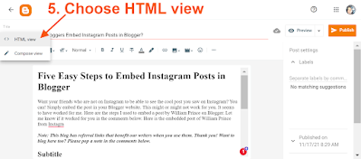 How to Embed Instagram Posts in Blogger Step 5 Shows arrow pointing to drop down arrow on top right corner of Blogger post in back office.