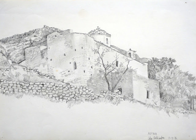 Pencil drawing of a stone chapel on an arid hillside, "Byzantine chapel of Paleochora, Aegina," by William Walkington in 1976.