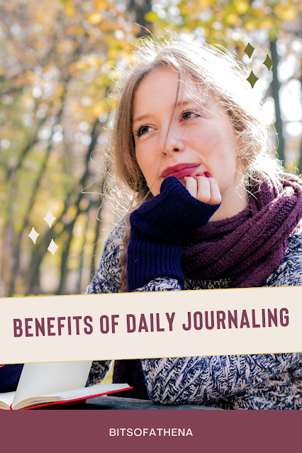Benefits of Daily Journaling - text over a photo of a woman journaling in a park.