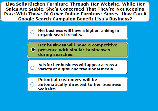 Lisa sells kitchen furniture through her website. While her sales are stable, she’s concerned that they’re not keeping pace with those of other online furniture stores. How can a Google Search campaign benefit Lisa’s business?