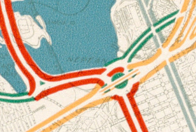 Closeup of a planning map of Ottawa showing new arterial roads, freeways, and parkways meeting at a circular intersection at Wellington and Champagne, continuing north, south, east, and west. The word Nepean is faintly visible written over Nepean Bay