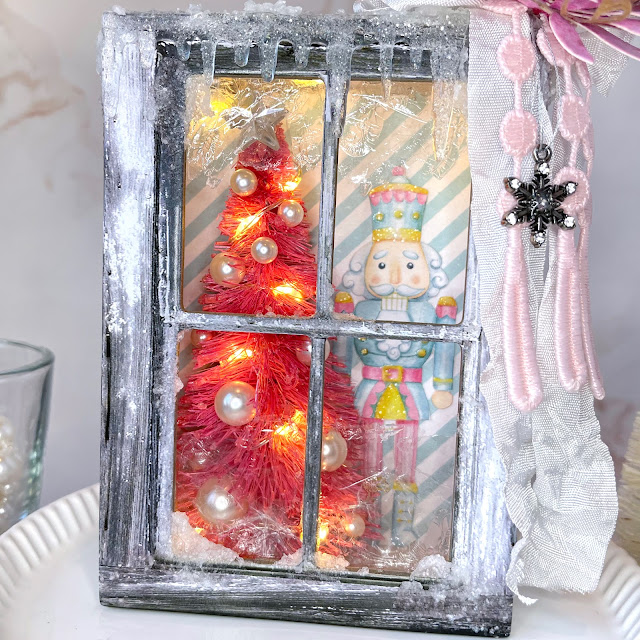 Mixed Media Holiday Vignette created with: Tim Holtz window frames, vignette box, tree lot, kitsch flamingo, seasonal sketch, baubles, icicles, tiny lights; P13 cosy winter sugar and spice