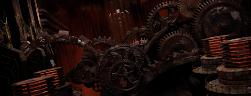 An assortment of rusted gears in a hellish steampunk bacground