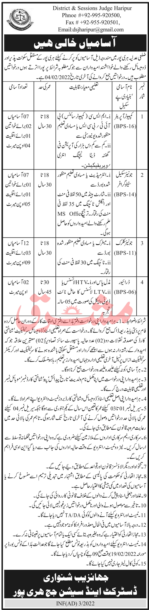 District and Session Court Haripur Jobs 2022 Application Form