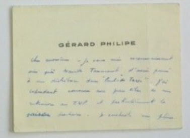 carte autographe de Gérard Philipe (1958)