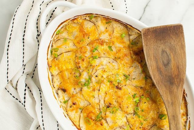 potatoes in a casserole dish.