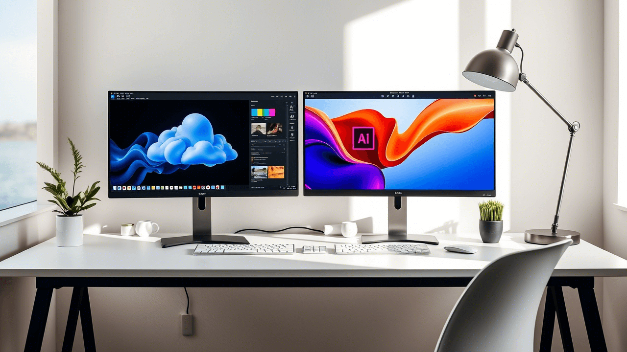 Minimalist workspace with Adobe Creative Cloud apps displayed on dual monitors.