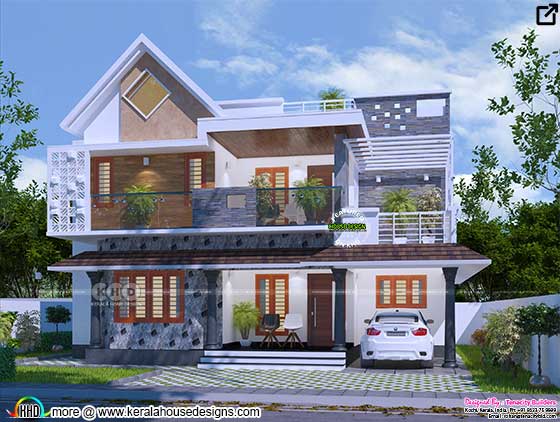 Front elevation design of mixed roof house