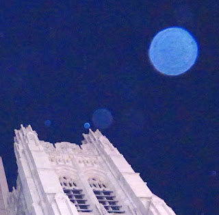 big blue orb near church