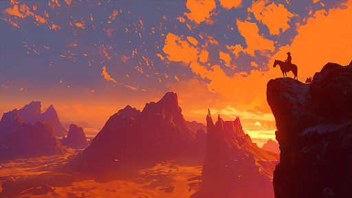 A lone figure on horseback is silhouetted against a dramatic sunset, standing atop a cliff with jagged mountains and a vibrant sky in the background.