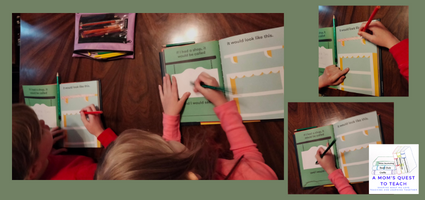 A Mom's Quest to Teach logo; children working on pages in Me: A Compendium
