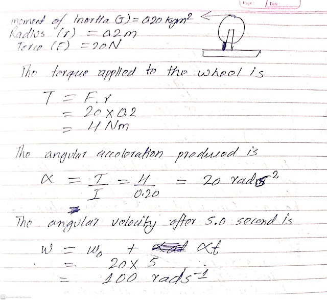 A string of wrapped around the rim is wheel of moment of inertia 0.20 kg m^2 and radius 20cm.The wheel is free to rotate about its axis as in figure.Initially the wheel is at rest.The string is now pulled by a force of 20N.Find the angular velocity of the wheel after 5 seconds.