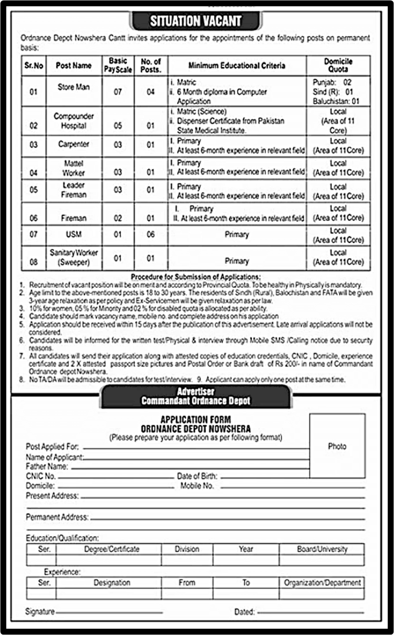 Ordnance Depot Nowshera Cantt Jobs 2023 | Application Form Download