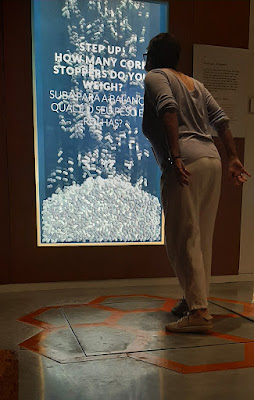 mulher e um quadro interativo no museu da cortiça