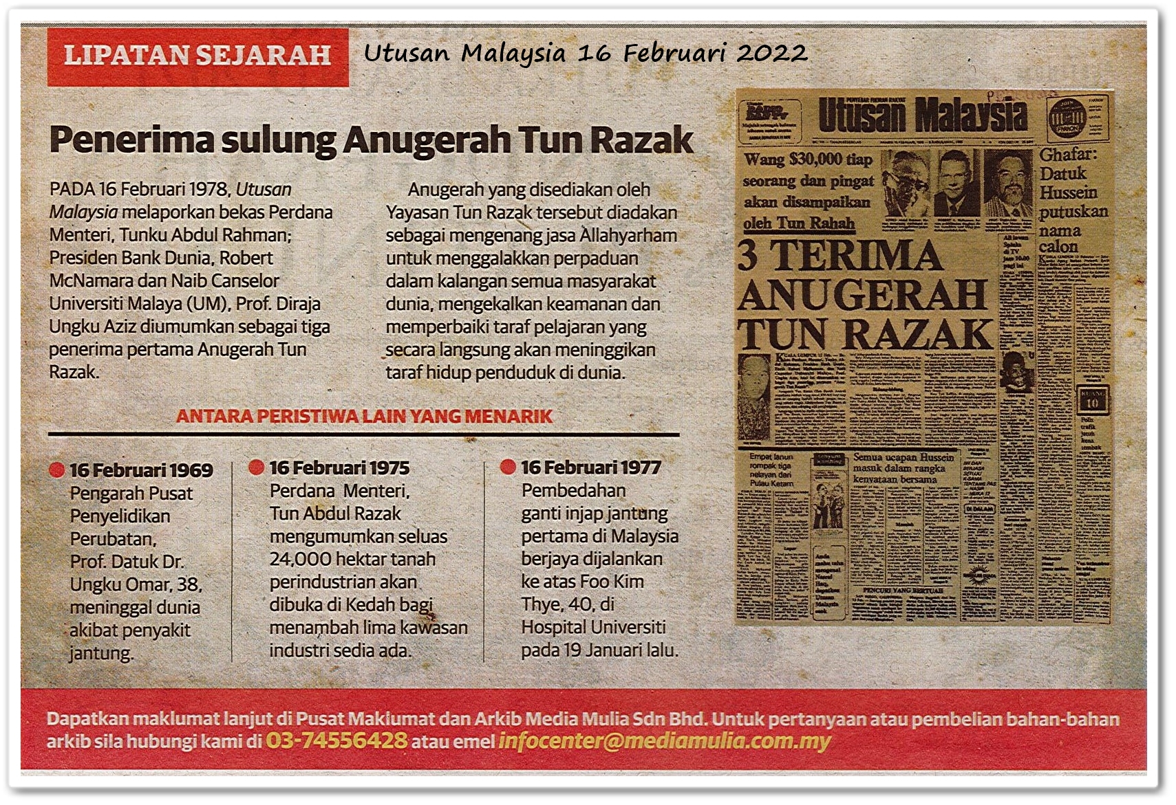 Lipatan sejarah 16 Februari - Keratan akhbar Utusan Malaysia 16 Februari 2022