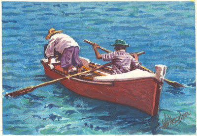 Watercolour of two fishermen on a small boat with oars deployed, "Barque de pêcheurs 2," by William Walkington