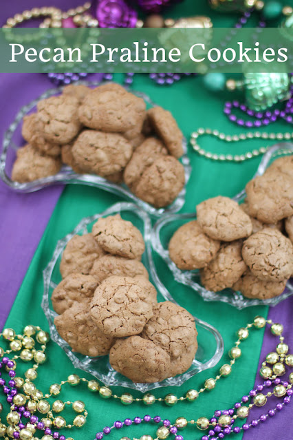 Food Lust People Love: Nothing says Mardi Gras party quite like the sweet chewy bite of pecan praline cookies! These bake up quick and easy, lighter than air, but with the rich taste of brown sugar and toasted pecans.