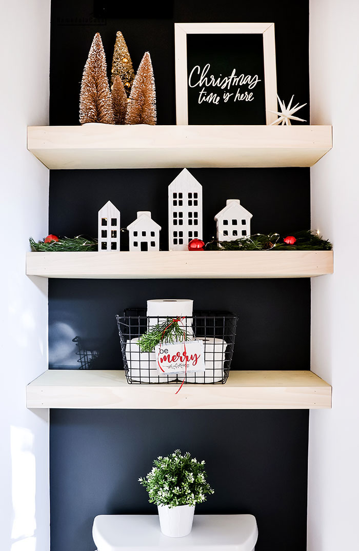 floating shelves with Christmas decor