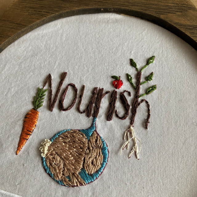 Embroidery hoop with the word Nourish