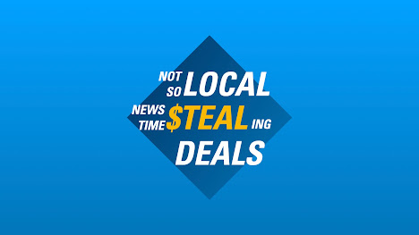 A diamond shape on a blue background, inside the diamond is text reading Not So Local News Time Stealing Deals