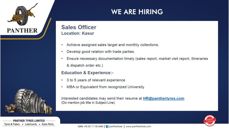 Panther Tyres Limited Jobs Sales Officer