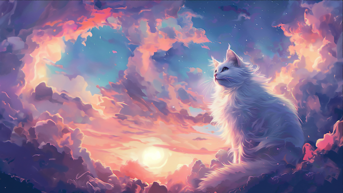 Dreamy wallpaper featuring a majestic white cat perched on a cliff, gazing into a vibrant sunset with clouds swirling in shades of pink, orange, and blue, evoking a serene and mystical atmosphere.