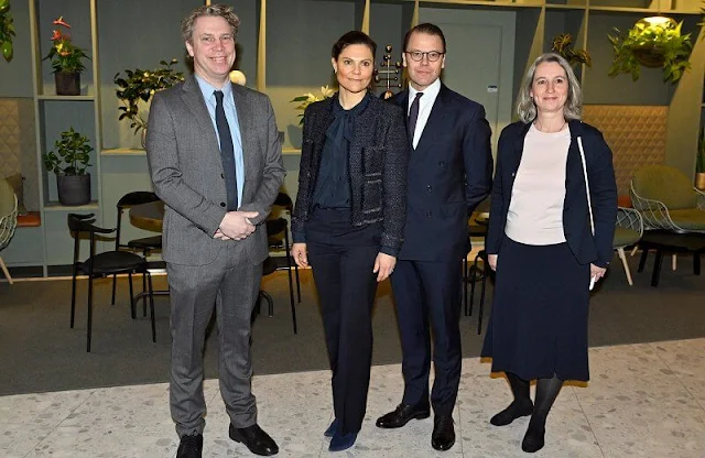 Crown Princess Victoria wore a black and navy tweed jacket from Maruschka de Margò, and navy silk blouse and navy trousers