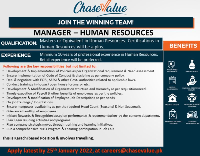 Chase Value Centre Jobs Manager-Human Resoures 2022
