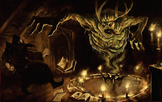 In a darkened loft, a candle lit ritual circle begins to hazily materialize the corpulent form of a Plague Daemon, a horned, green monstrosity forming from the rising smoke. The renegade wizard summoning it leaps back in fear.