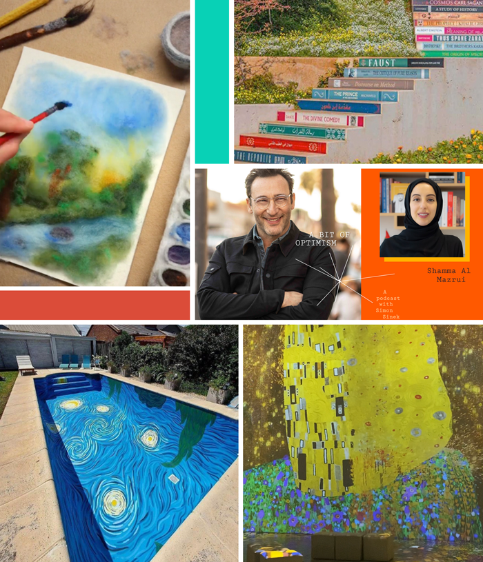 fiber arts, stop motion animation, street art, mural, book stairs, lebanon, knowledge, a bit of optimism podcast, Simon Sinek, Shamma Al Mazrui, inmersive art exhibition, Klimt, Matadero de Madrid, mural painting pool, Starry Night, Van Gogh, Andrea Love